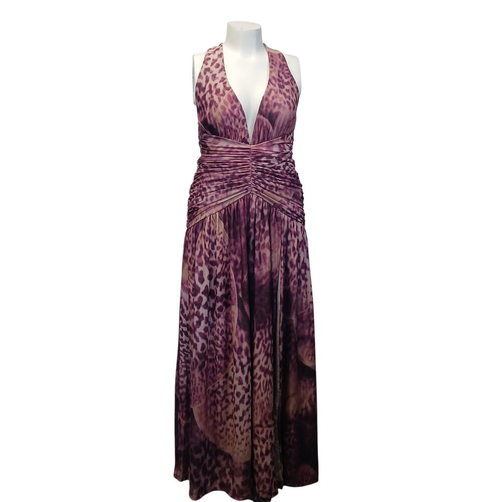 Babyboo XL Leopard Mesh Halter Maxi Dress Ruched Plunging High Slit